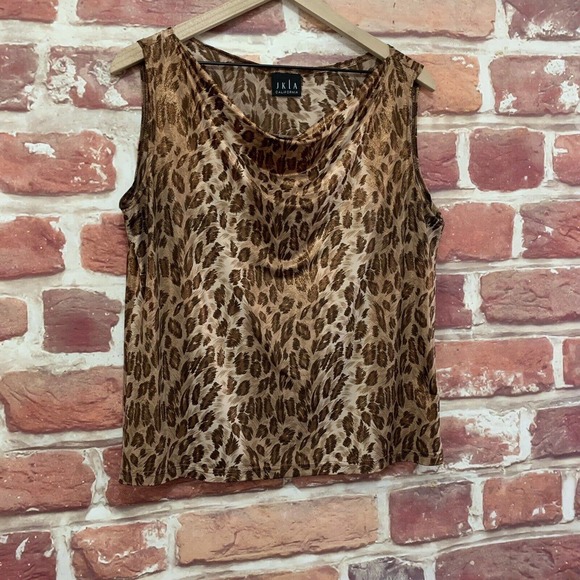 JKLA California Top Women's Large Tan Brown Multicolor Animal Print Blouse - Picture 2 of 8